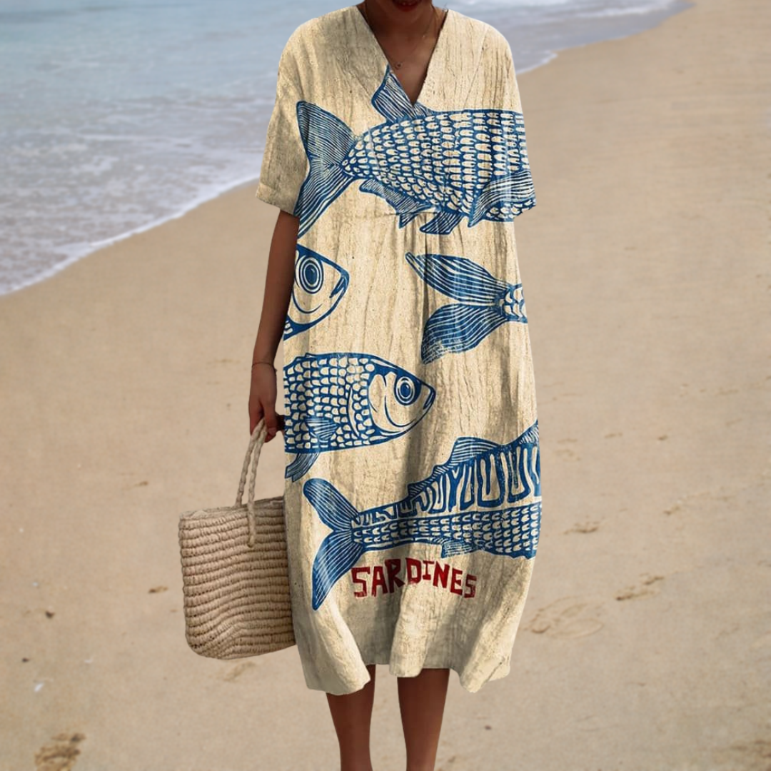 Marseille | Long Dress with Sardine Pattern