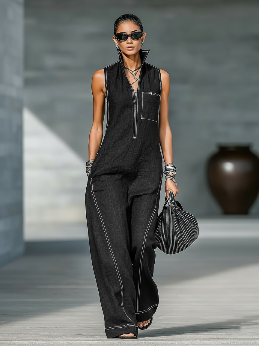 Sleeveless Minimalist Jumpsuit for Women with White Details