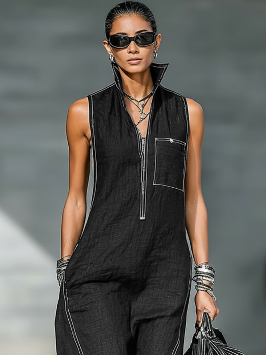 Sleeveless Minimalist Jumpsuit for Women with White Details