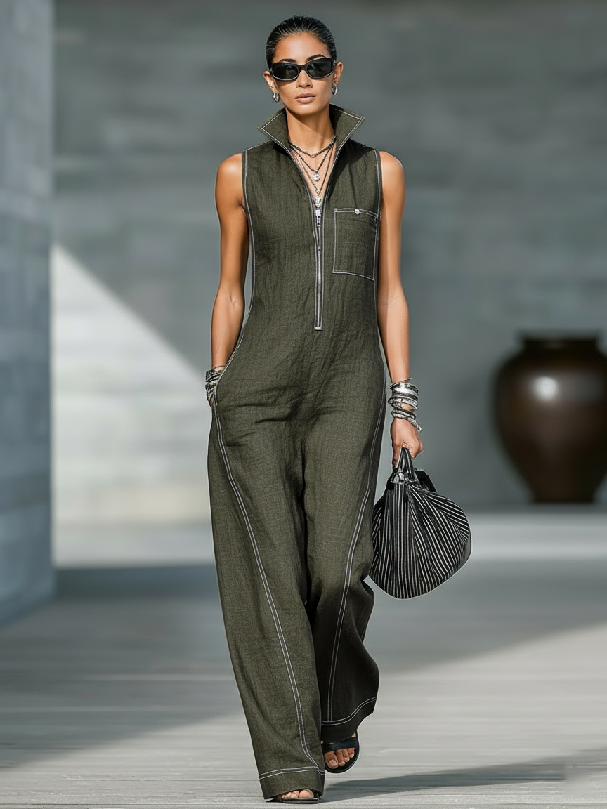Sleeveless Minimalist Jumpsuit for Women with White Details