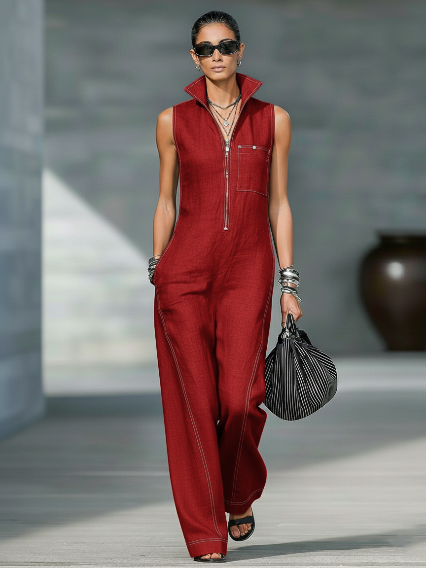 Sleeveless Minimalist Jumpsuit for Women with White Details