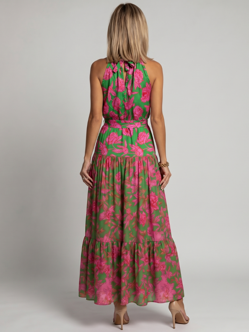 Darlina™ | Draped Pink Midi Dress With  Elegant Halter Neckline