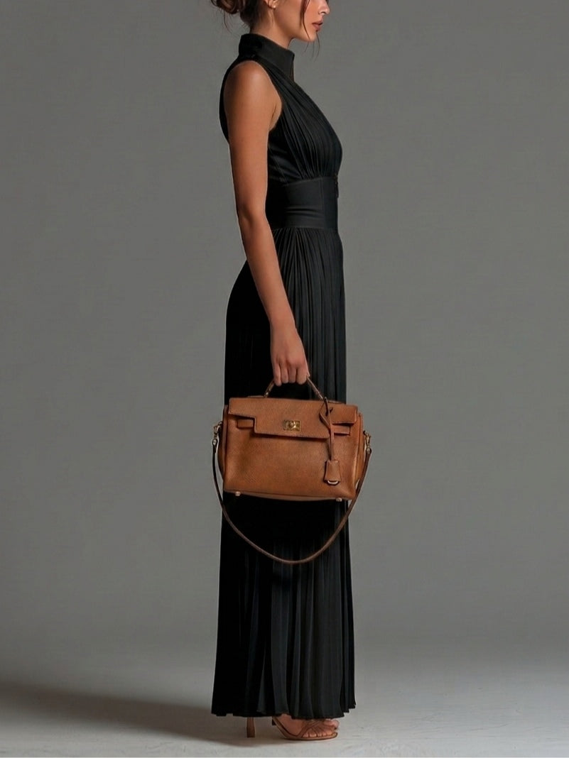 Vittoria · Black chiffon jumpsuit with V-neck, sleeveless, zip, pleated, wide-leg pants