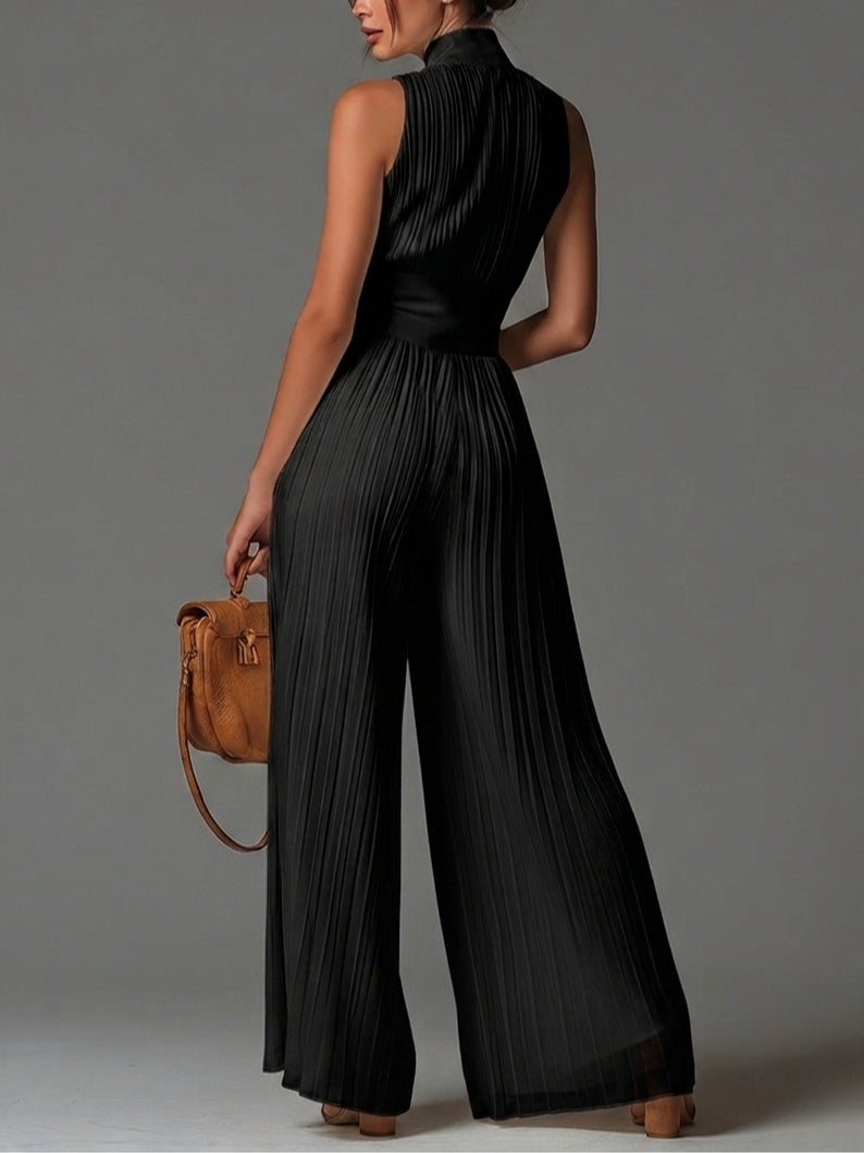 Vittoria · Black chiffon jumpsuit with V-neck, sleeveless, zip, pleated, wide-leg pants
