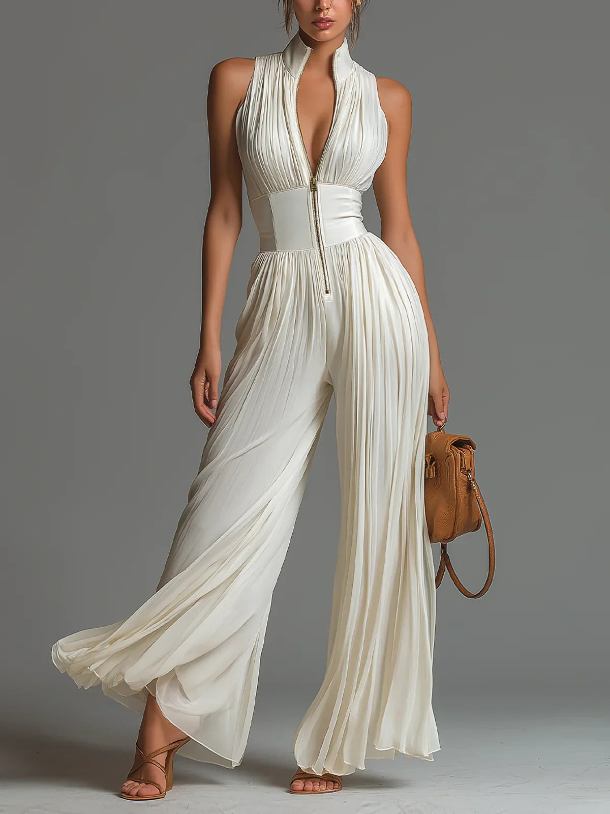 Vittoria · Black chiffon jumpsuit with V-neck, sleeveless, zip, pleated, wide-leg pants