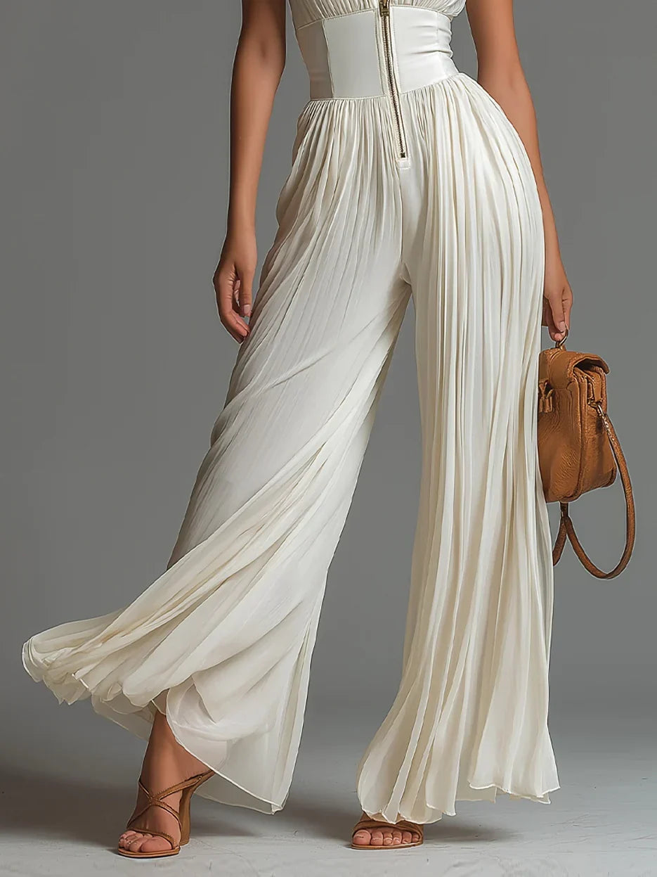 Vittoria · Black chiffon jumpsuit with V-neck, sleeveless, zip, pleated, wide-leg pants