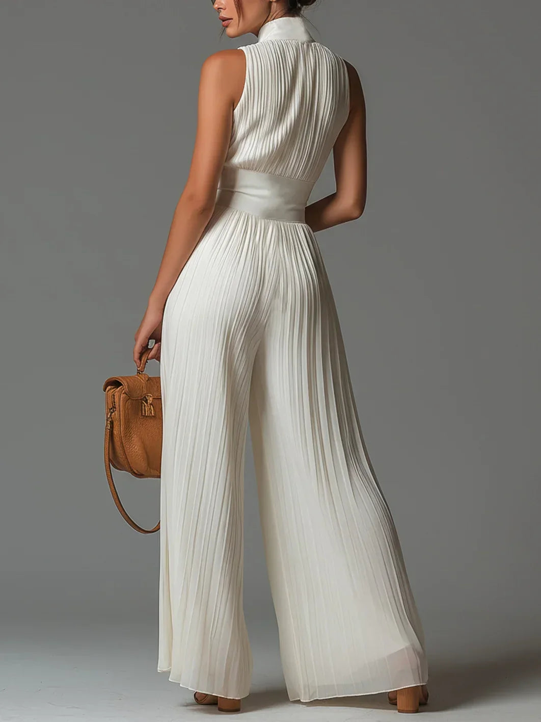 Vittoria · Black chiffon jumpsuit with V-neck, sleeveless, zip, pleated, wide-leg pants