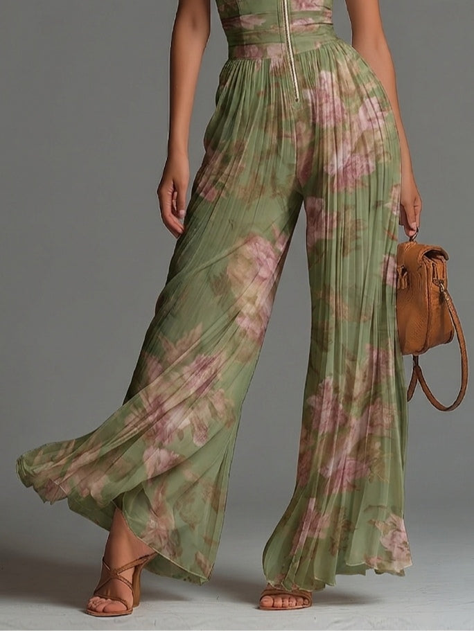 Green Floral V-neck Sleeveless Zip-up Pleated Wide-leg Chiffon Jumpsuit