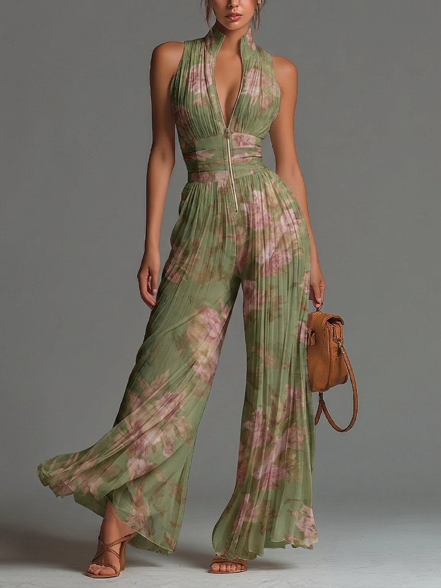 Green Floral V-neck Sleeveless Zip-up Pleated Wide-leg Chiffon Jumpsuit