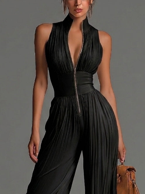 Vittoria · Black chiffon jumpsuit with V-neck, sleeveless, zip, pleated, wide-leg pants
